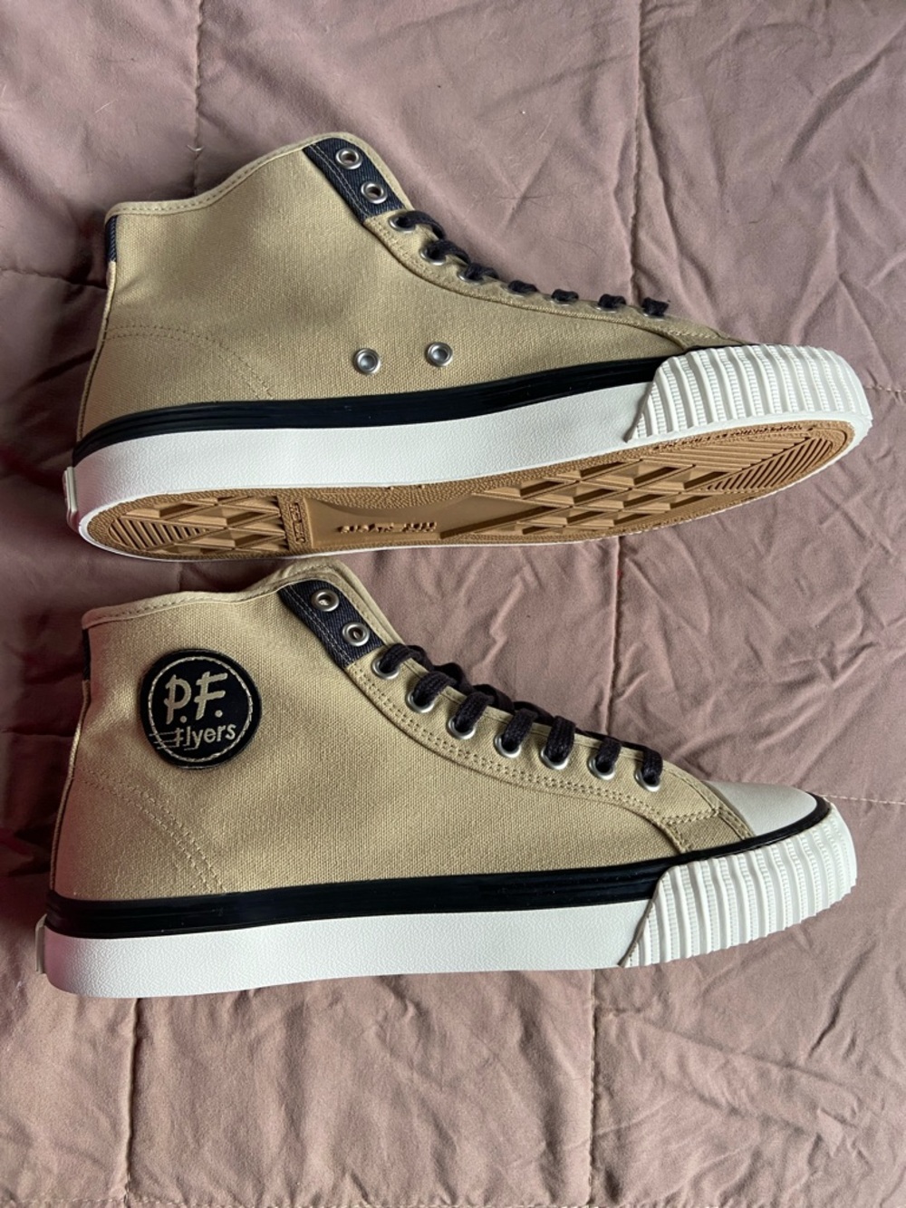 🏷️ P.F. Flyers Men's Tan Canvas High-Top Sneakers with Black Trim BNIB